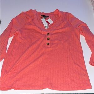 Sanctuary Coral Ribbed V-Neck Button Knit Top